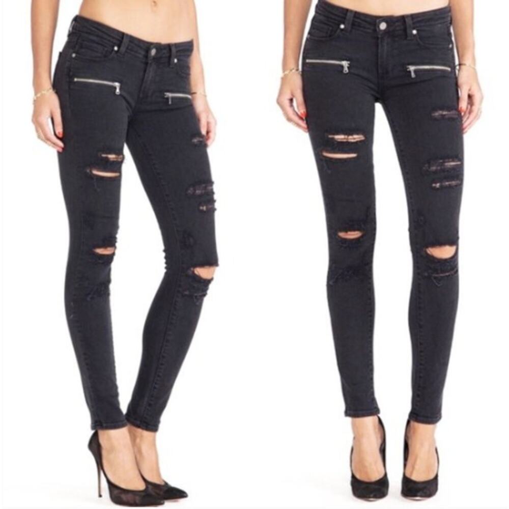 Paige Indio Zip Distressed Skinny Jeans Black 27